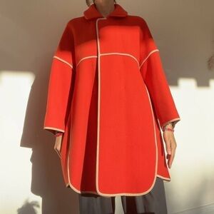 Bright Red / Tanned Beige Wool Blanket Coat